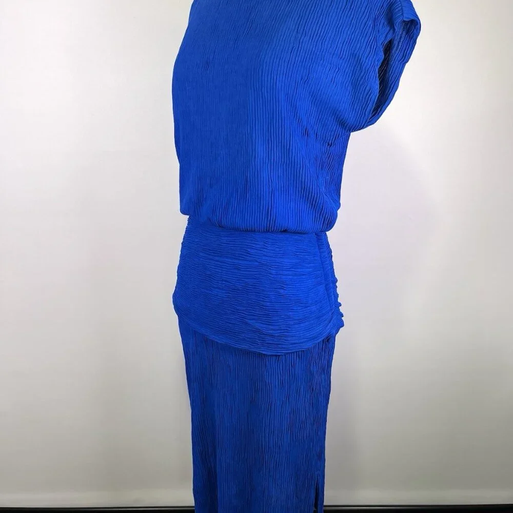 VTG 80s L.T.D. Roberta Blue Pleated Midi Drop Waist Dress Sz S/M Avant garde - Picture 7 of 10